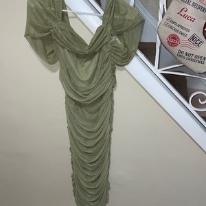 Olive green ruched off the shoulder dress